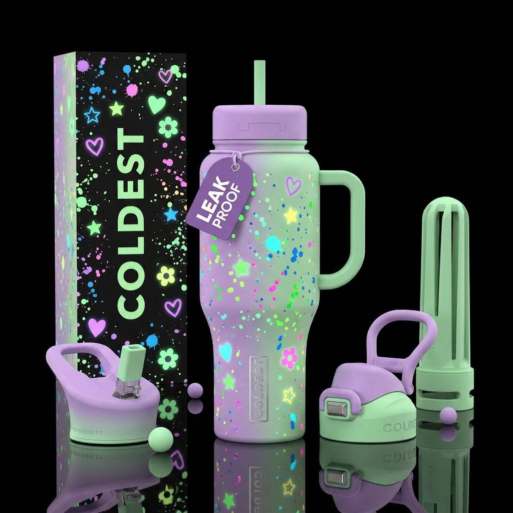 Matte pastel purple and pastel green ombred with g... water bottle design