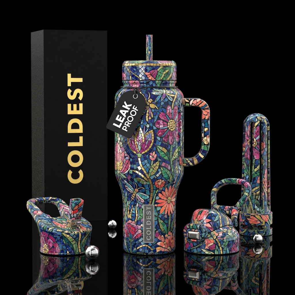 Mosaic Summer fantasy in full bloom, stylistic, be... water bottle design