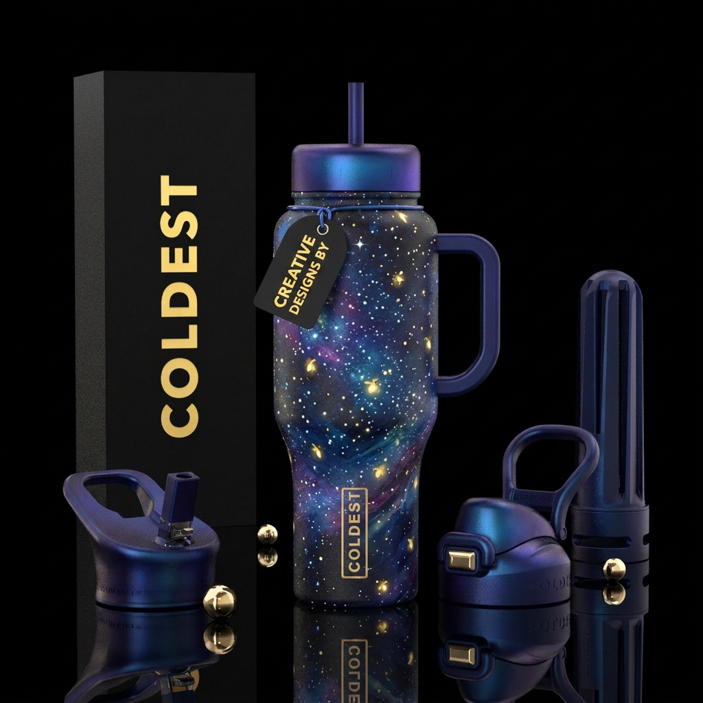 Abstract starry nights with campfire fireflies, vi... water bottle design