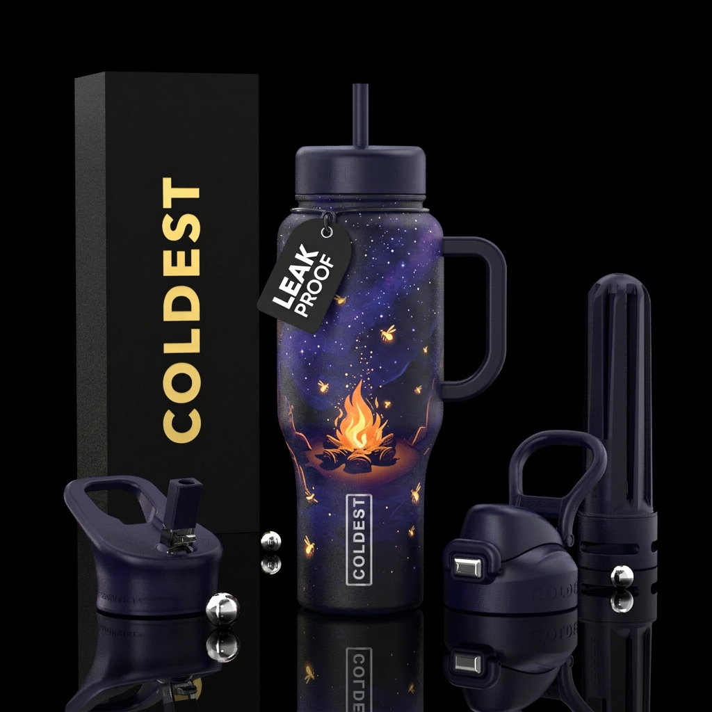 Abstract starry nights with campfire fireflies, vi... water bottle design