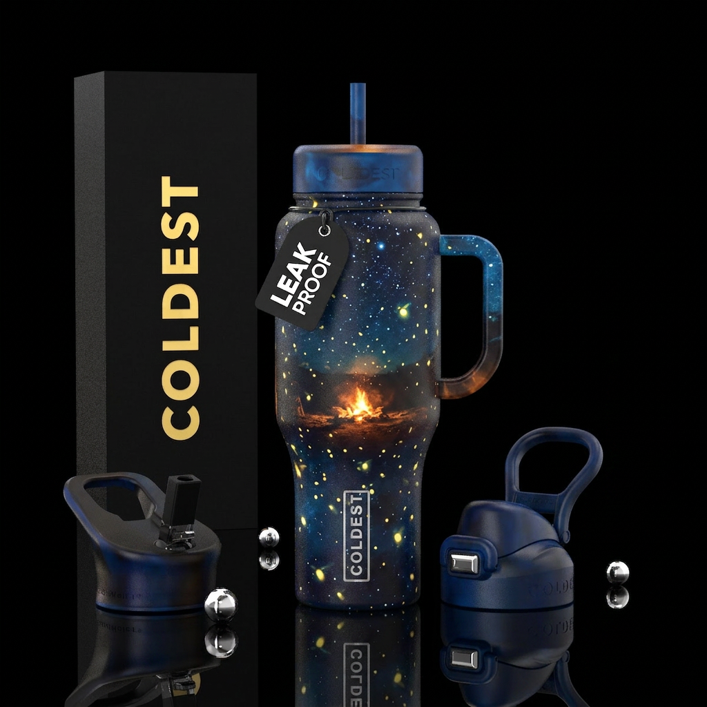 Abstract starry nights with campfire fireflies, vi... water bottle design