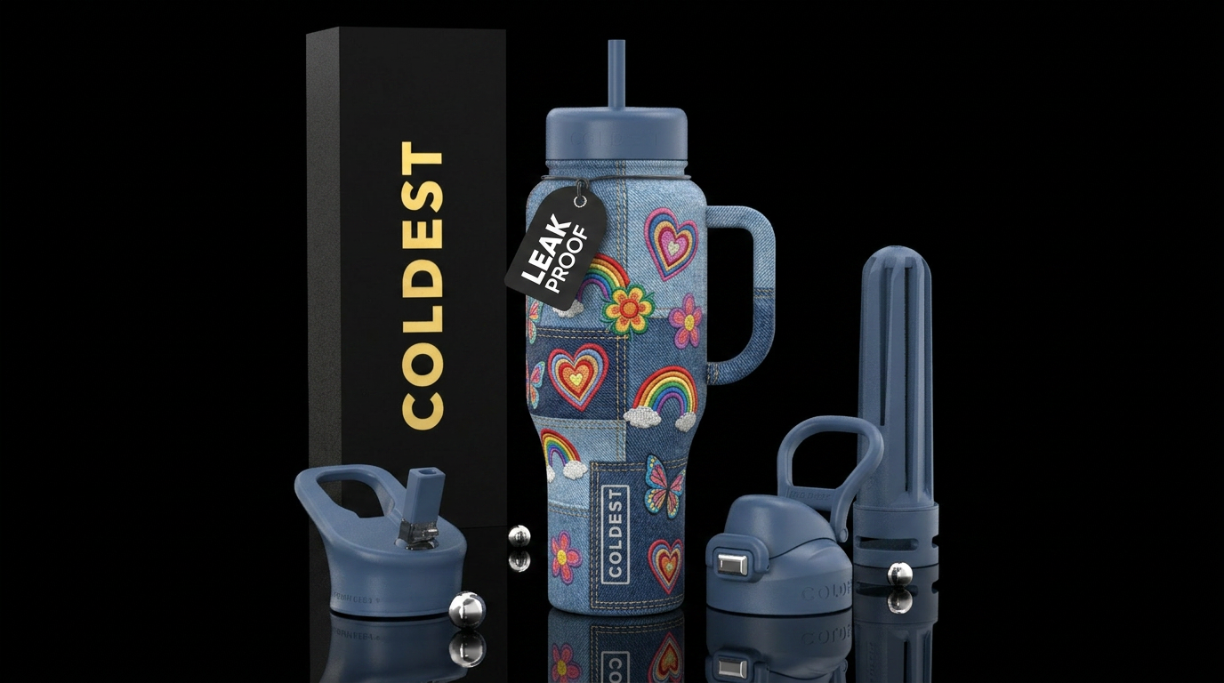 Denim patchwork background with embroidered hearts... water bottle design