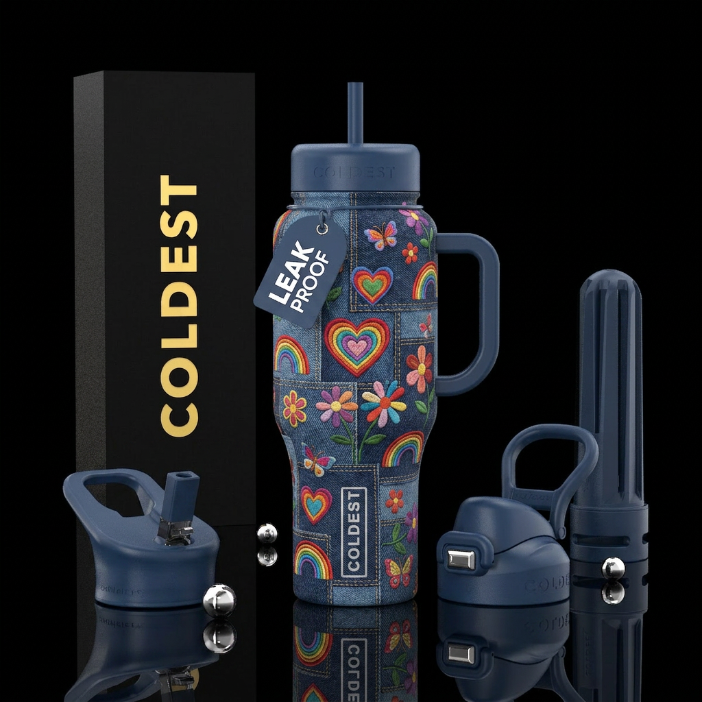 Denim patchwork background with embroidered hearts... water bottle design