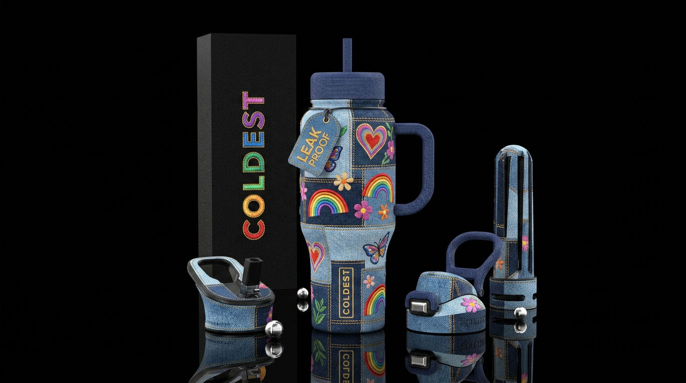 Denim patchwork background with embroidered hearts... water bottle design