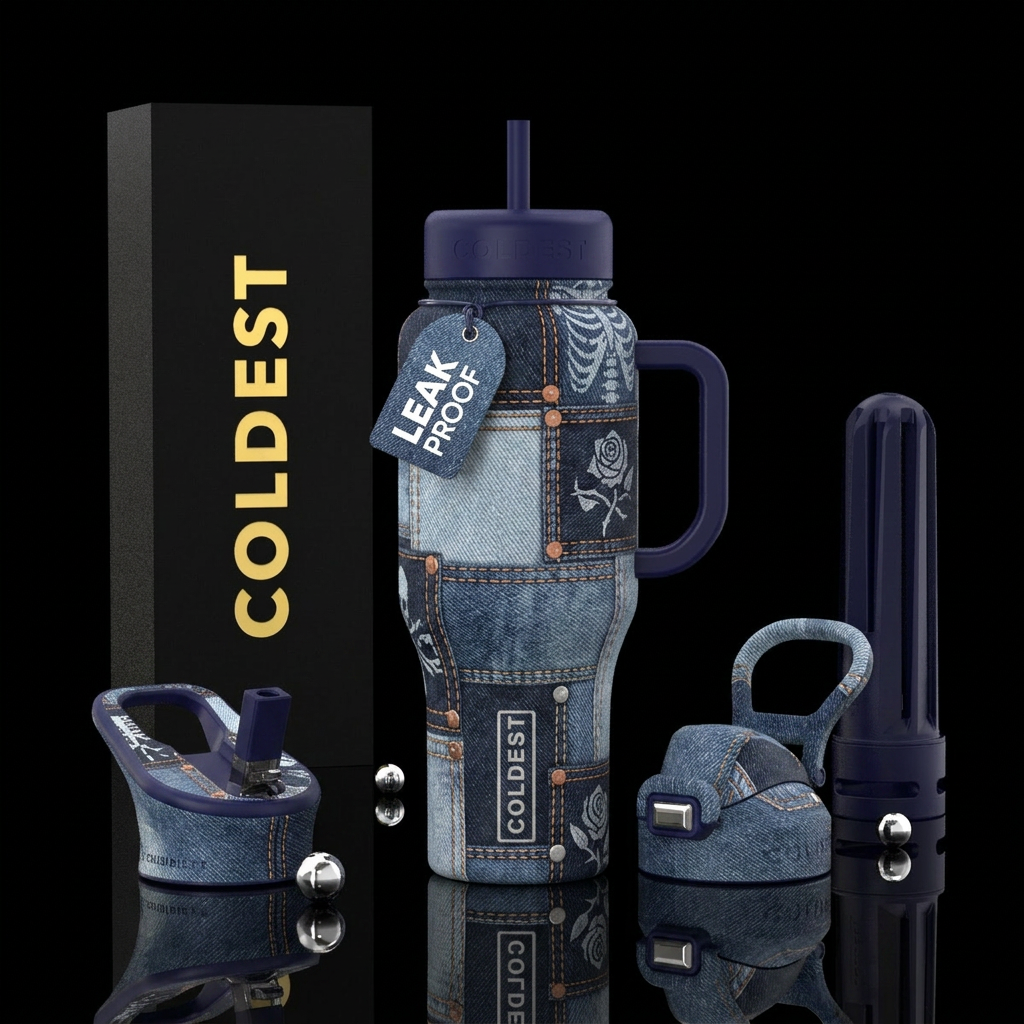Gothic denim patchwork, beautiul, vibrant, modern,... water bottle design
