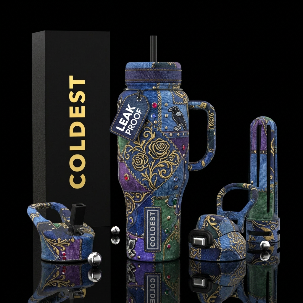 Gothic denim patchwork, beautiul, vibrant, modern,... water bottle design