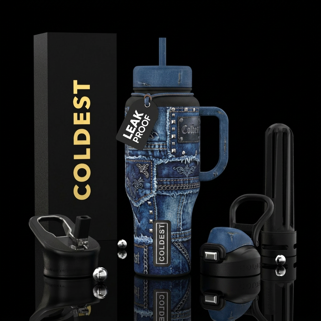 Gothic denim patchwork, beautiul, vibrant, modern,... water bottle design