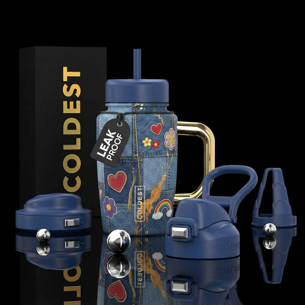 Denim patchwork background with nostalgic embroide... water bottle design