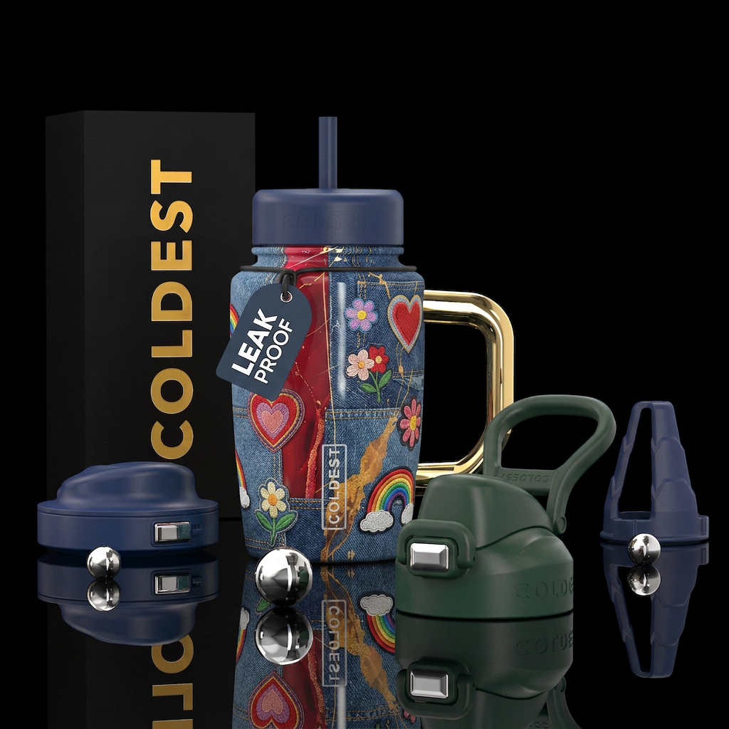 Denim patchwork background with nostalgic embroide... water bottle design