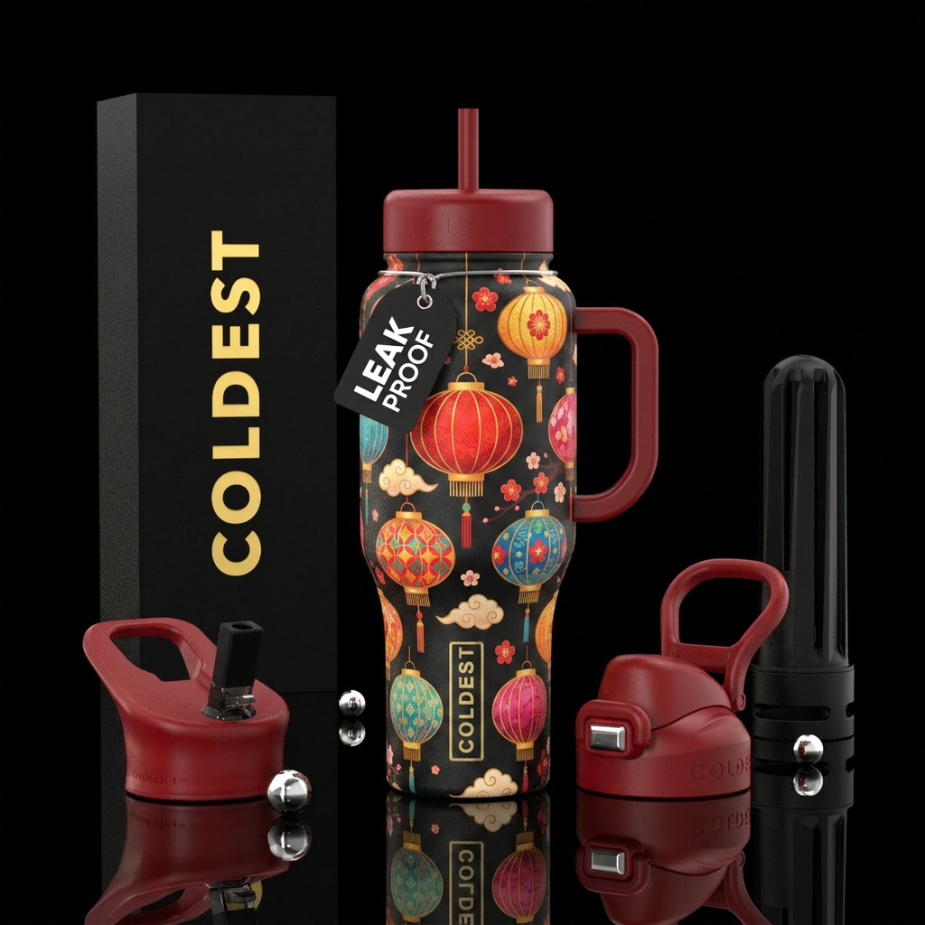 Chinese lanterns,vibrant,stylistic,modern, whimsic... water bottle design
