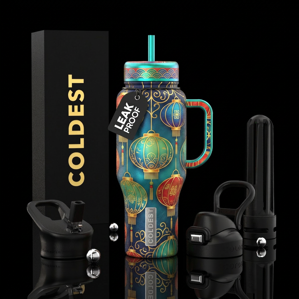 Chinese lanterns,vibrant,stylistic,modern, whimsic... water bottle design
