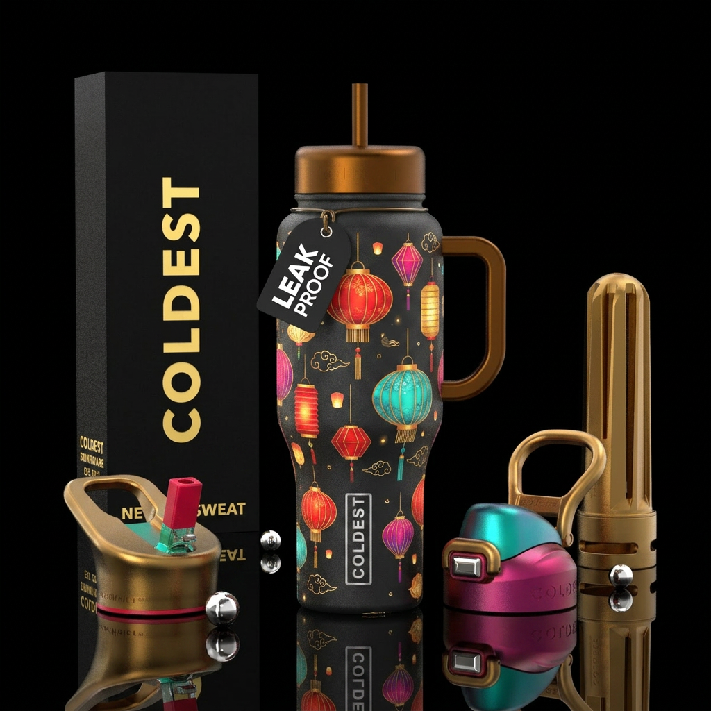 Chinese lanterns,vibrant,stylistic,modern, whimsic... water bottle design