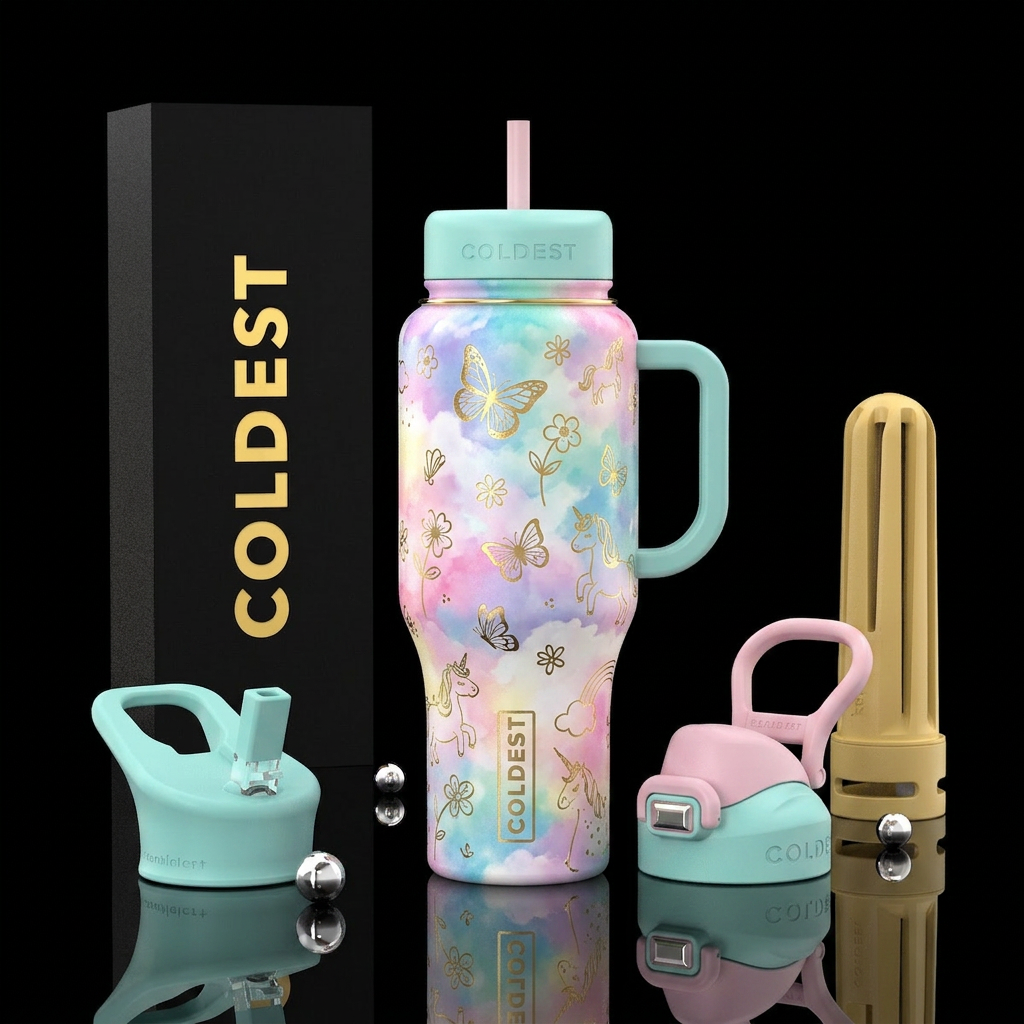 Pastel watercolor intermingled inbued clouds, vibr... water bottle design
