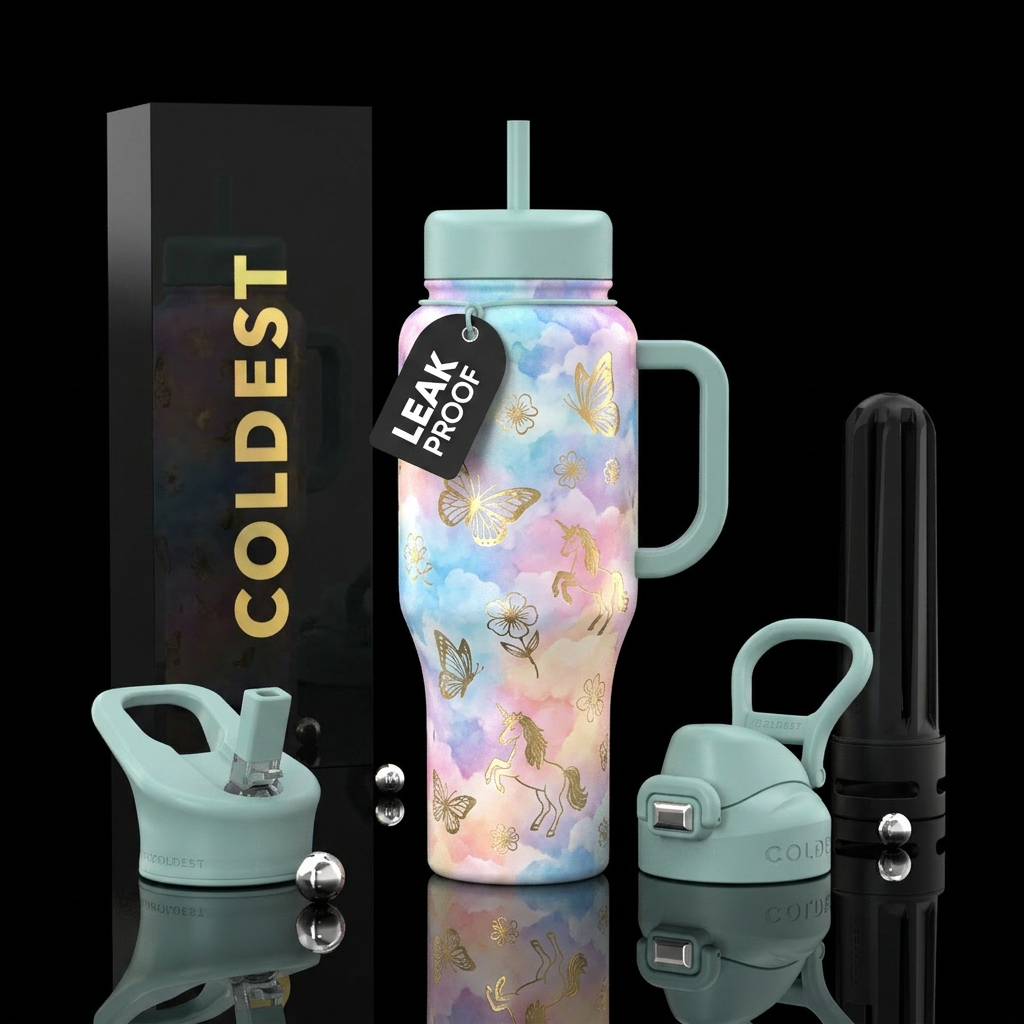 Pastel watercolor intermingled inbued clouds, vibr... water bottle design