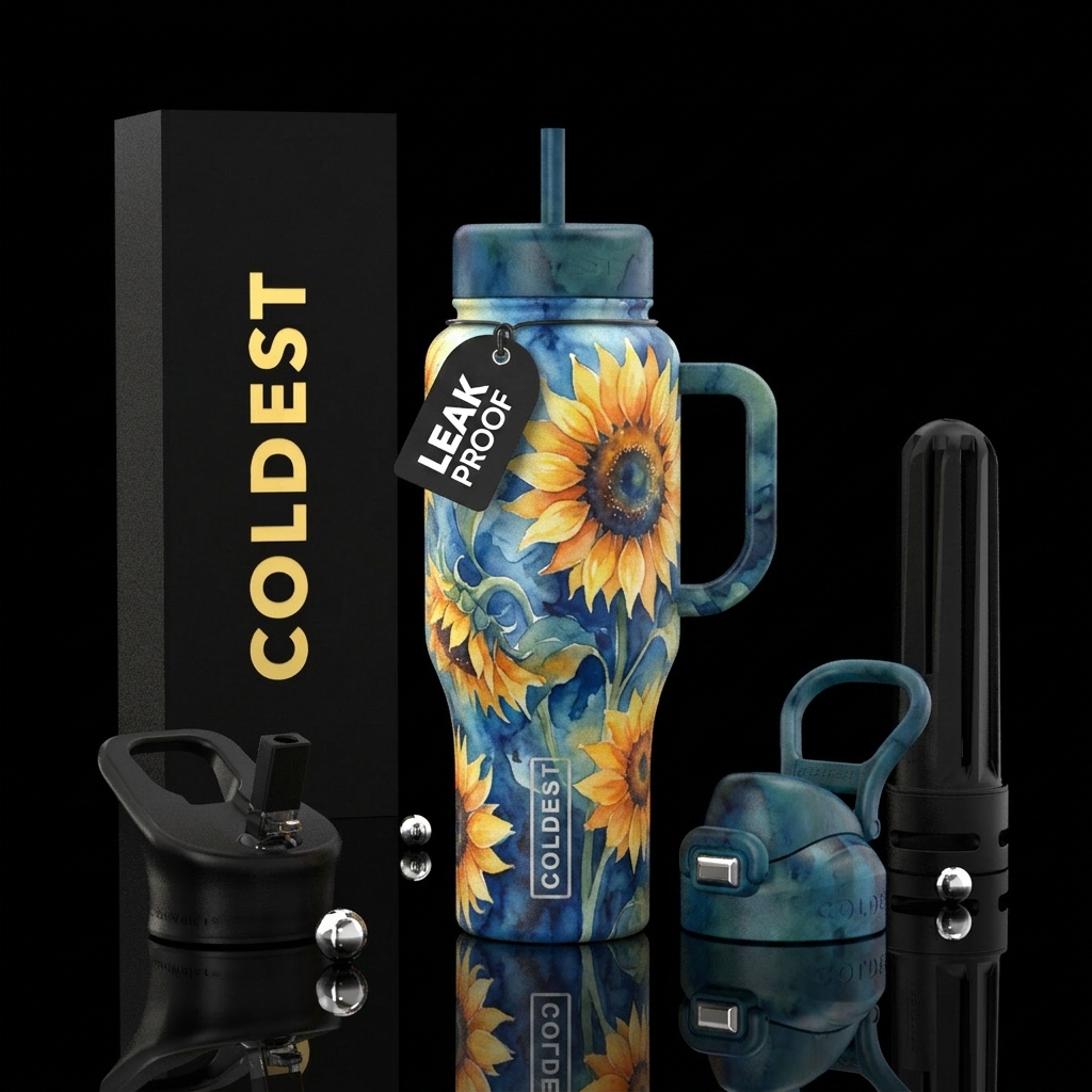 Watercolor sunflower, vibrant, inbued,artistic,sty... water bottle design