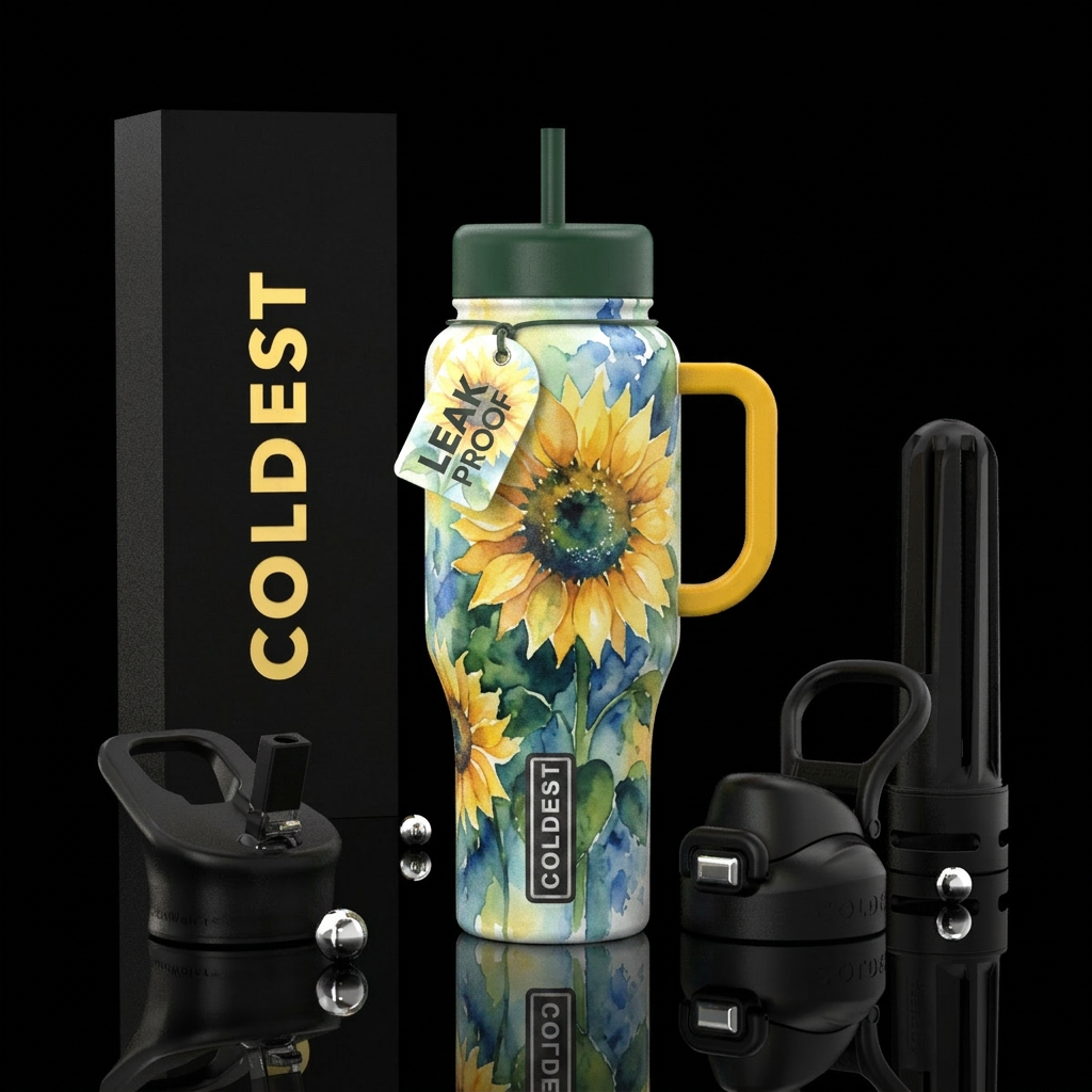 Watercolor sunflower, vibrant, inbued,artistic,sty... water bottle design