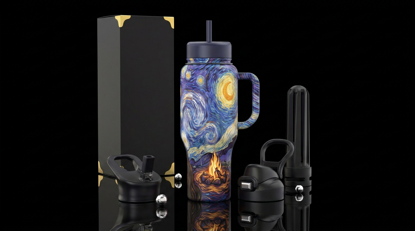 painted, vibrant, modern, magical starry night cam... water bottle design