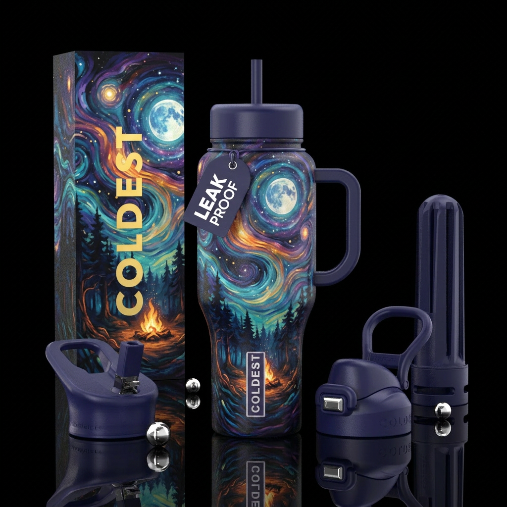 painted, vibrant, modern, magical starry night cam... water bottle design