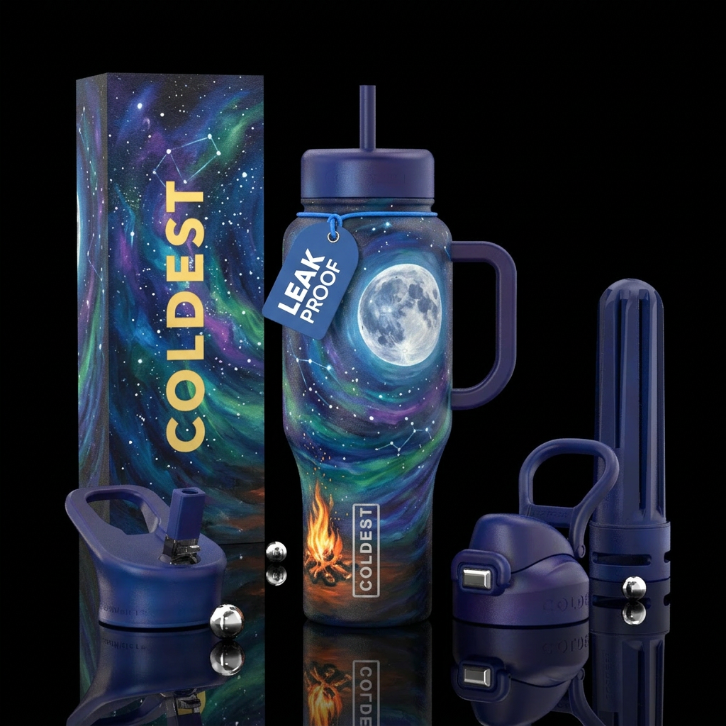 painted, vibrant, modern, magical starry night cam... water bottle design