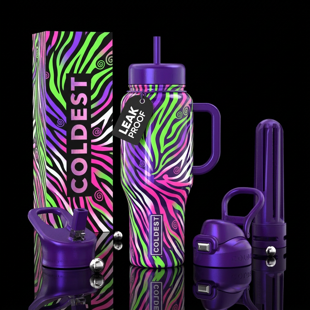 Briggt neon pink purple green white zebra inbued b... water bottle design