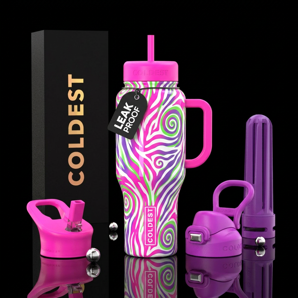 Briggt neon pink purple green white zebra inbued b... water bottle design