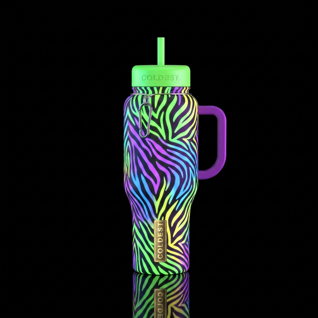 Bright glowie neon green blue purple and yellow ze... water bottle design