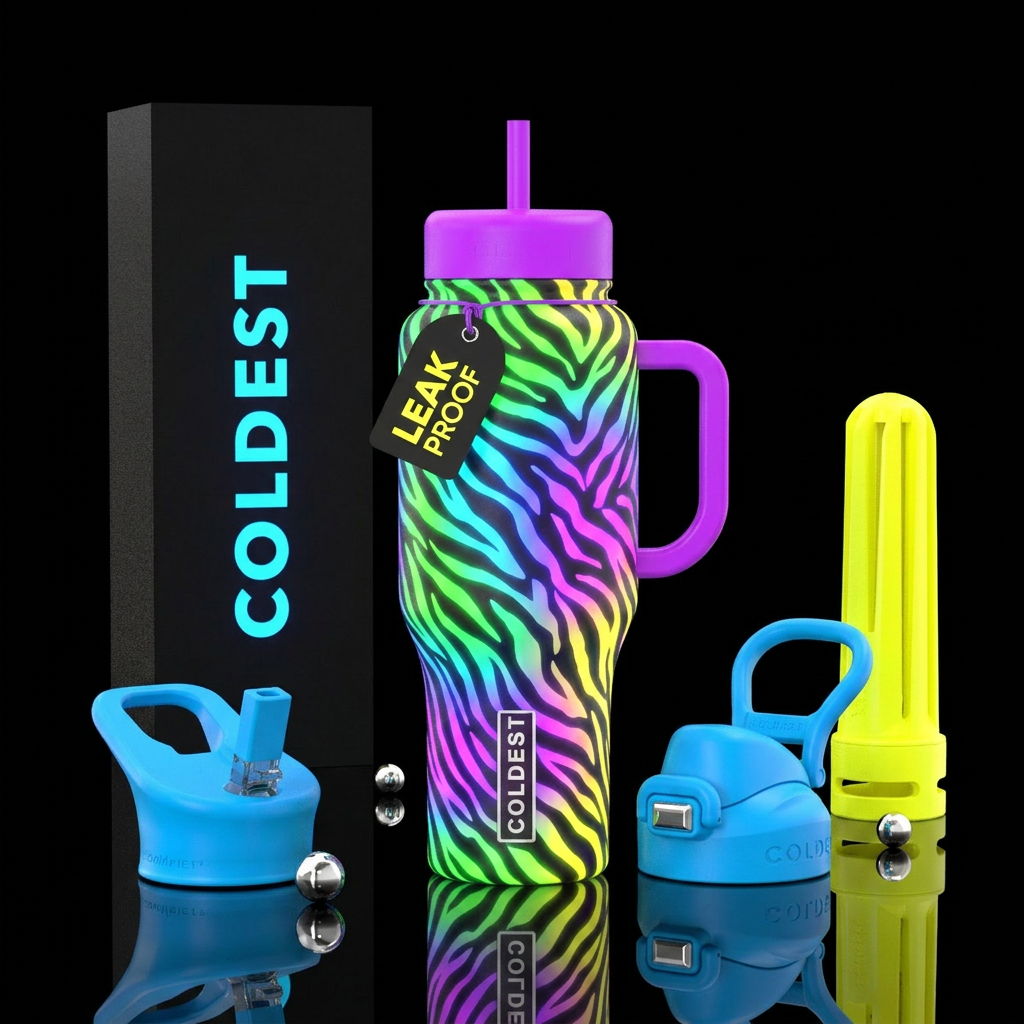 Bright glowie neon green blue purple and yellow ze... water bottle design