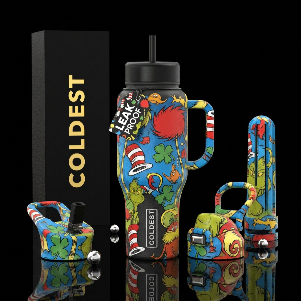 Dr. Seuss inspired, vibrant, magical, modern, luxu... water bottle design