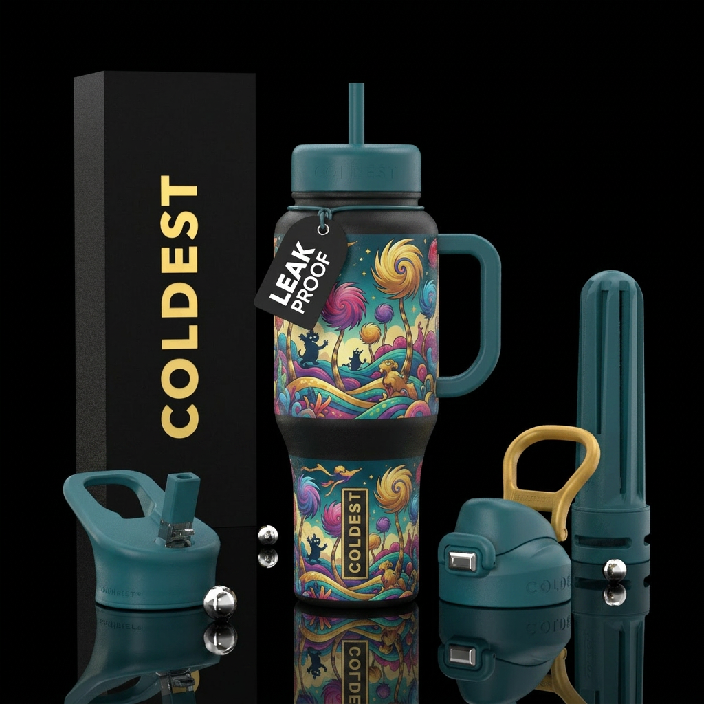 Dr. Seuss inspired, vibrant, magical, modern, luxu... water bottle design