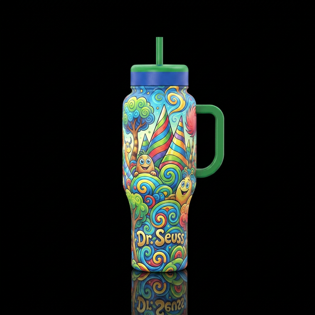 Dr. Seuss inspired, vibrant, magical, modern, luxu... water bottle design