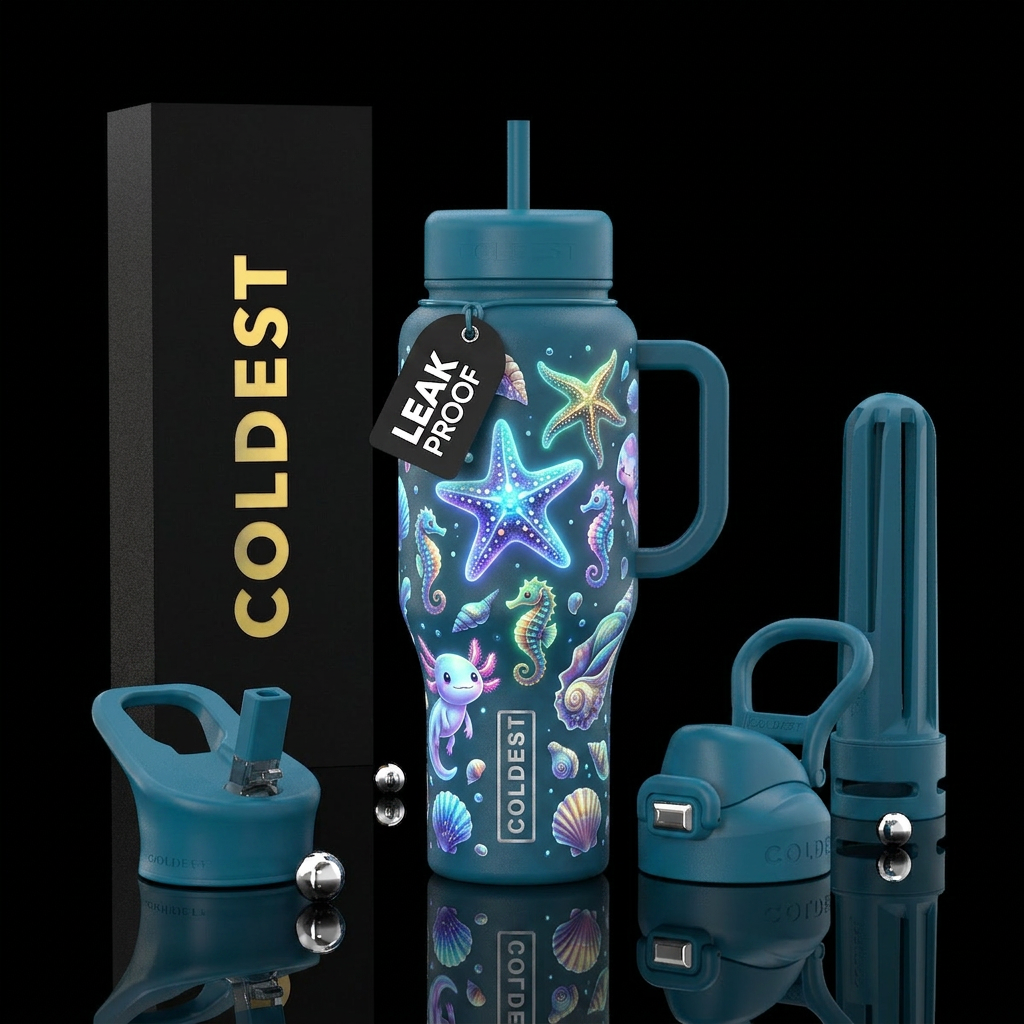 glowie starfish,seahorses,axoloti, sea shells, mag... water bottle design
