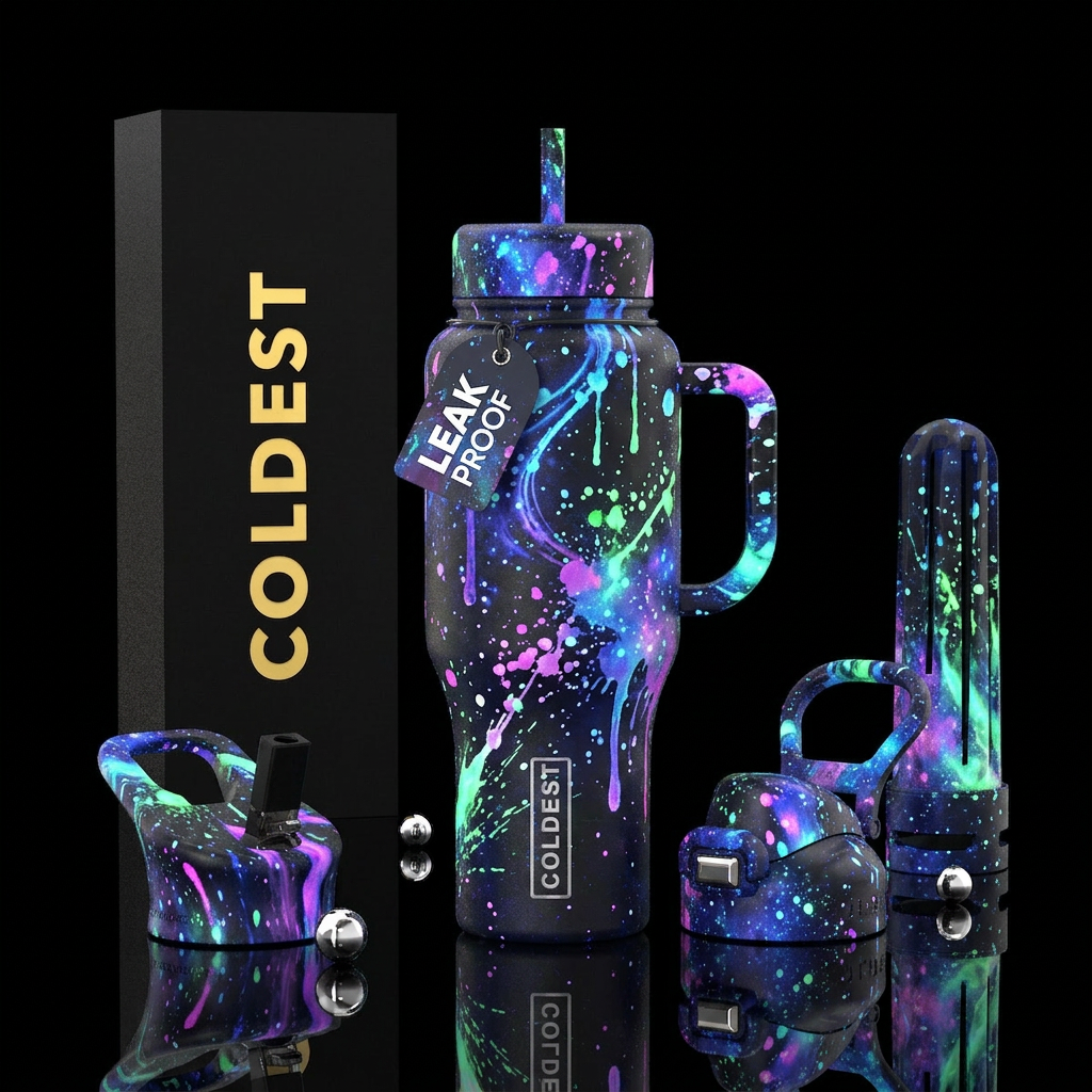 Glow in the dark Dark matter splatters, stylistic,... water bottle design