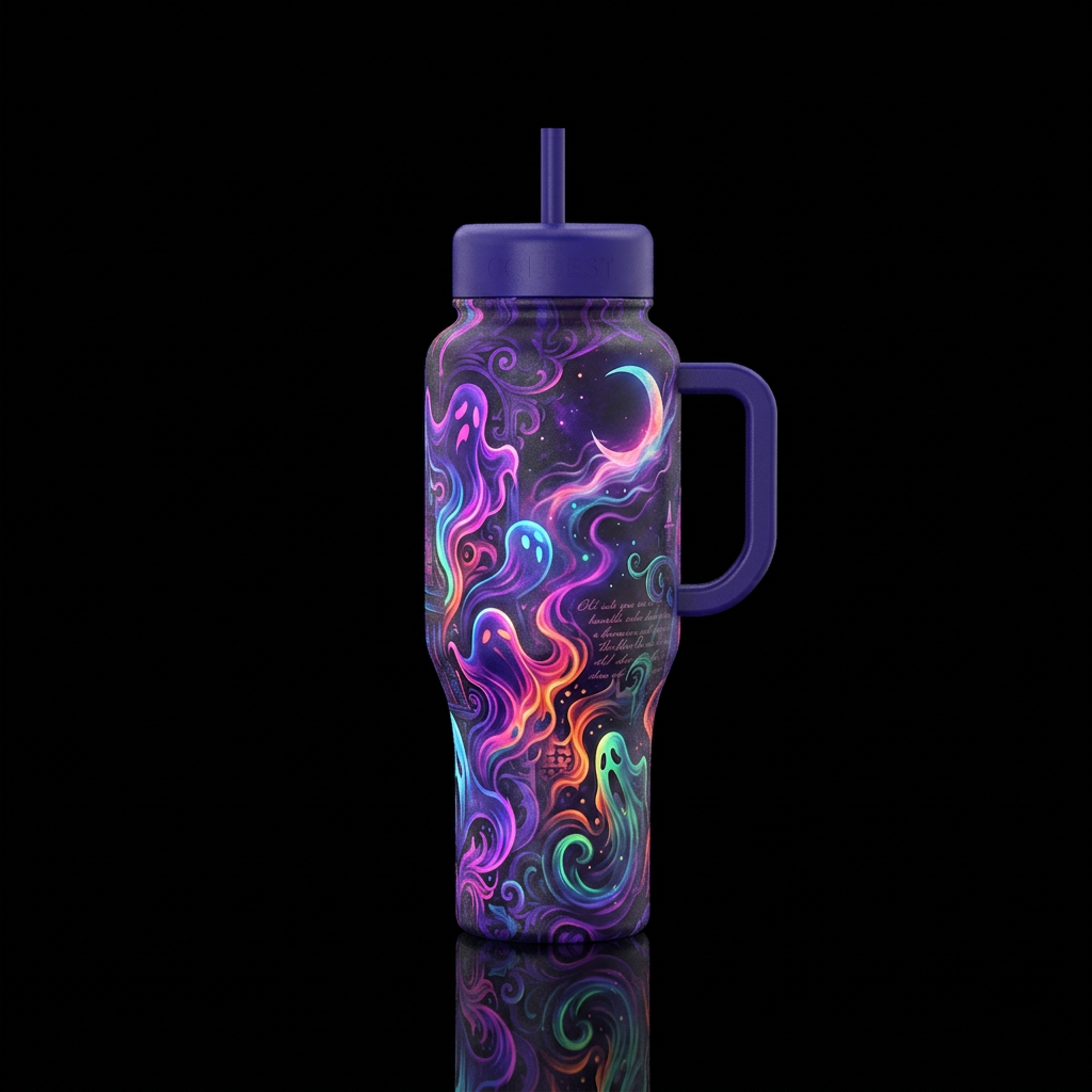 psychedelic, inbued, haunted, luxurious, dark mood... water bottle design