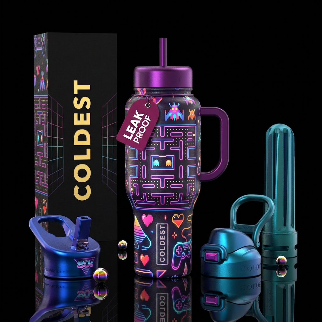 Retro 80s style video games, shiny, vibrant, moder... water bottle design