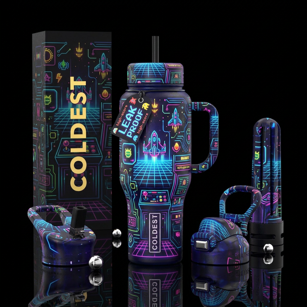 Retro 80s style video games, shiny, vibrant, moder... water bottle design