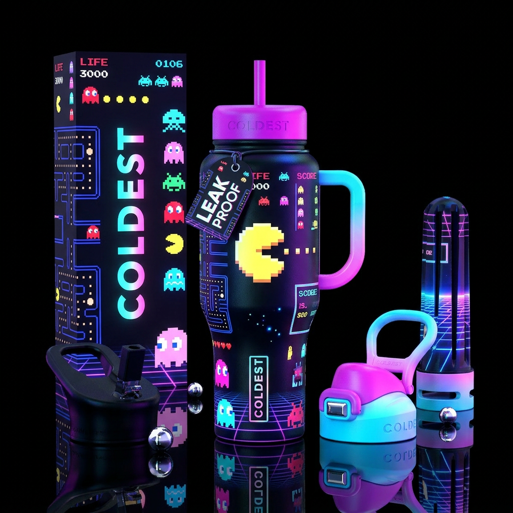 Retro 80s style video games, shiny, vibrant, moder... water bottle design
