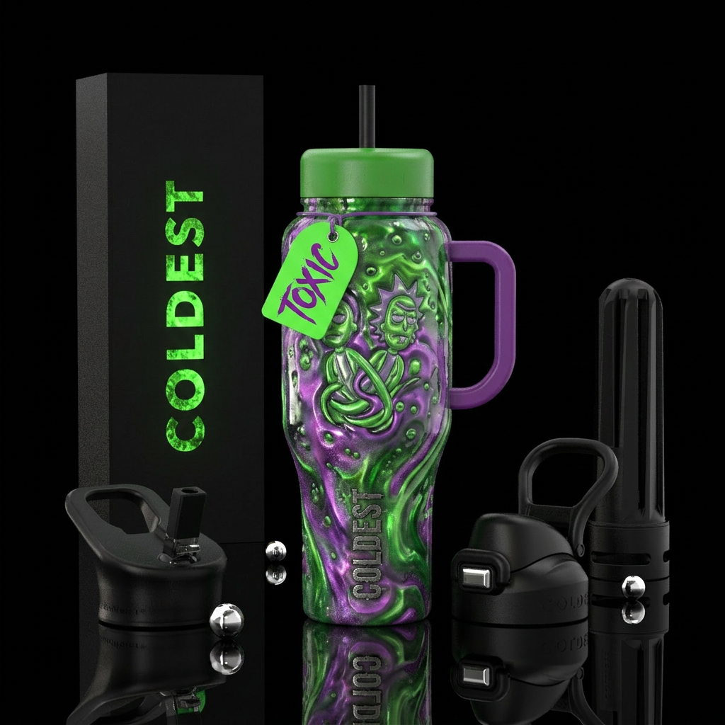 Rick and Morty toxicity inbued, modern, stylistic,... water bottle design