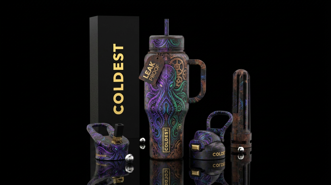 cosmic horror, victorian, modern, vibrant, beautiu... water bottle design