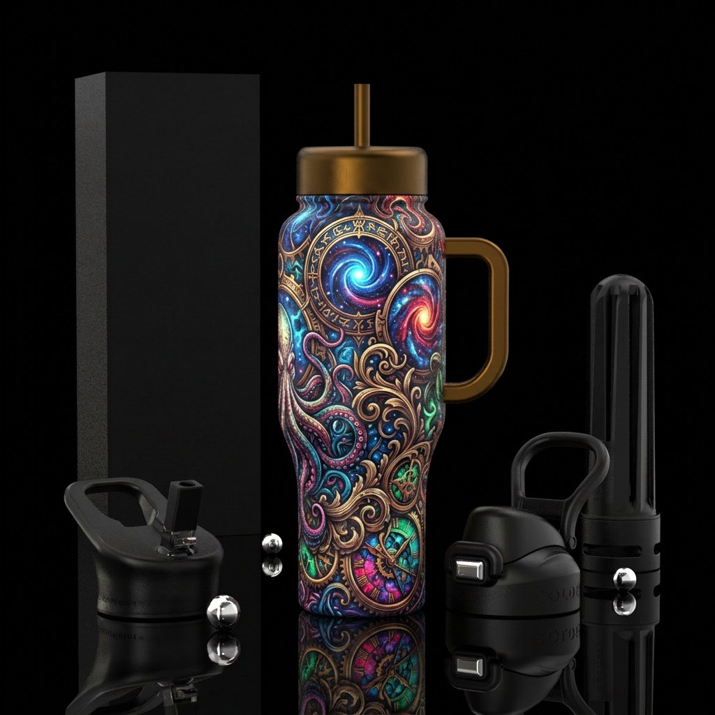 cosmic horror, victorian, modern, vibrant, beautiu... water bottle design