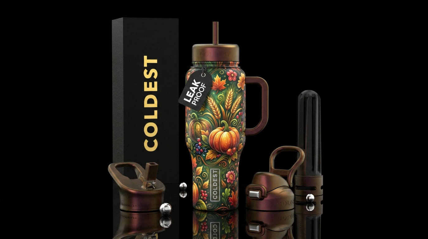 Autumn harvest festival, whimsical, luxurious, rus... water bottle design