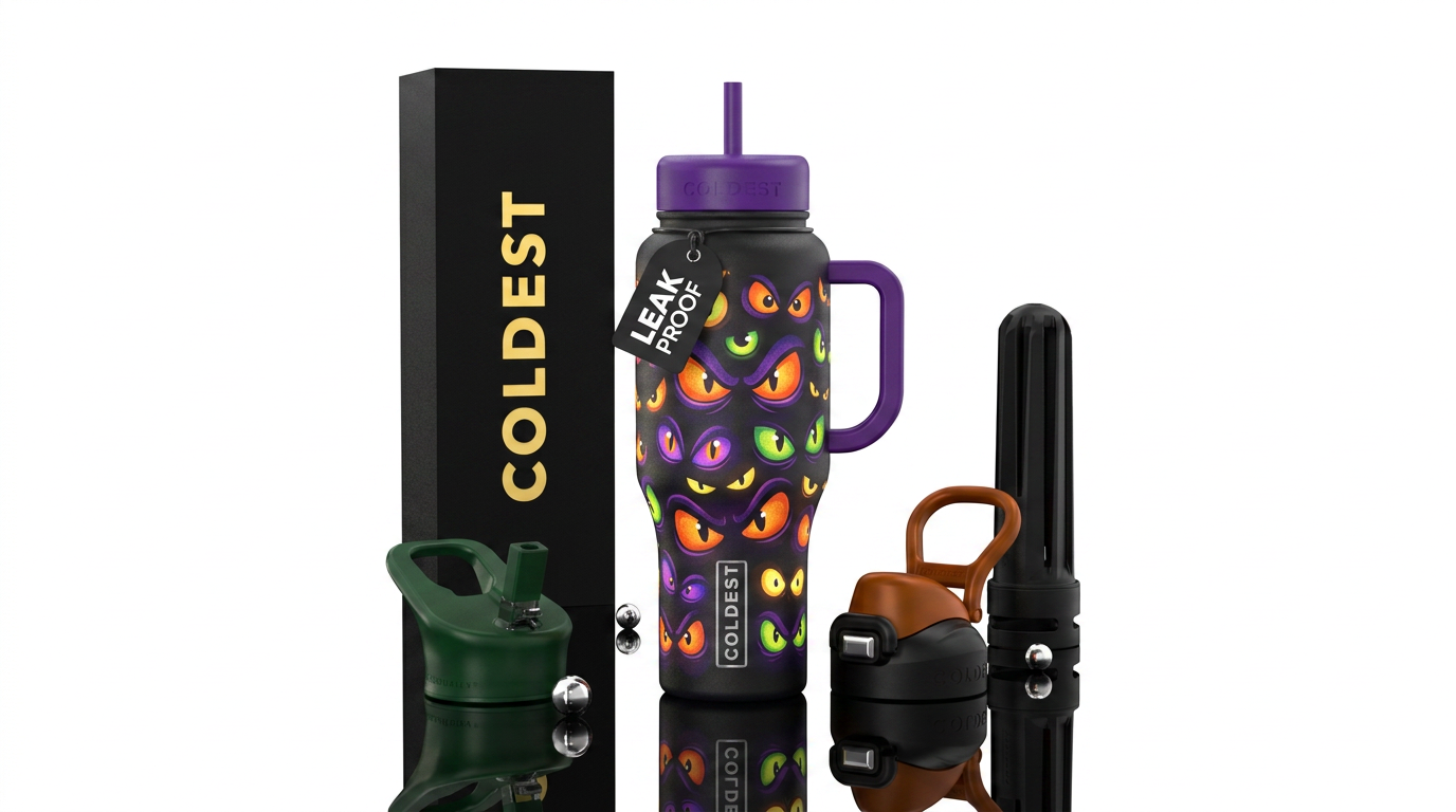Glowing Halloween eyes orange purple green and yel... water bottle design