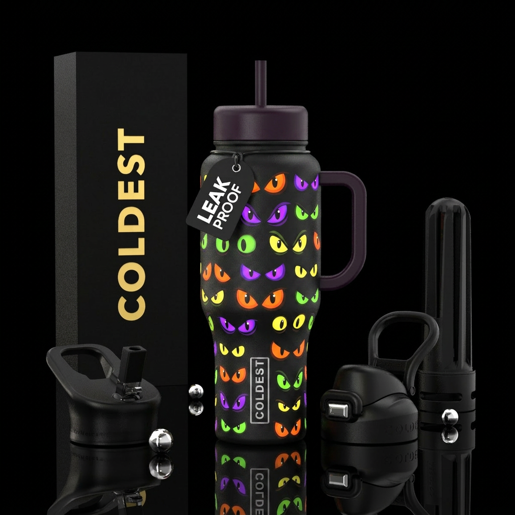 Glowing Halloween eyes orange purple green and yel... water bottle design