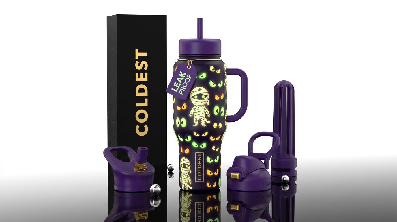 Halloween glow in the dark eyes and mummies, carto... water bottle design