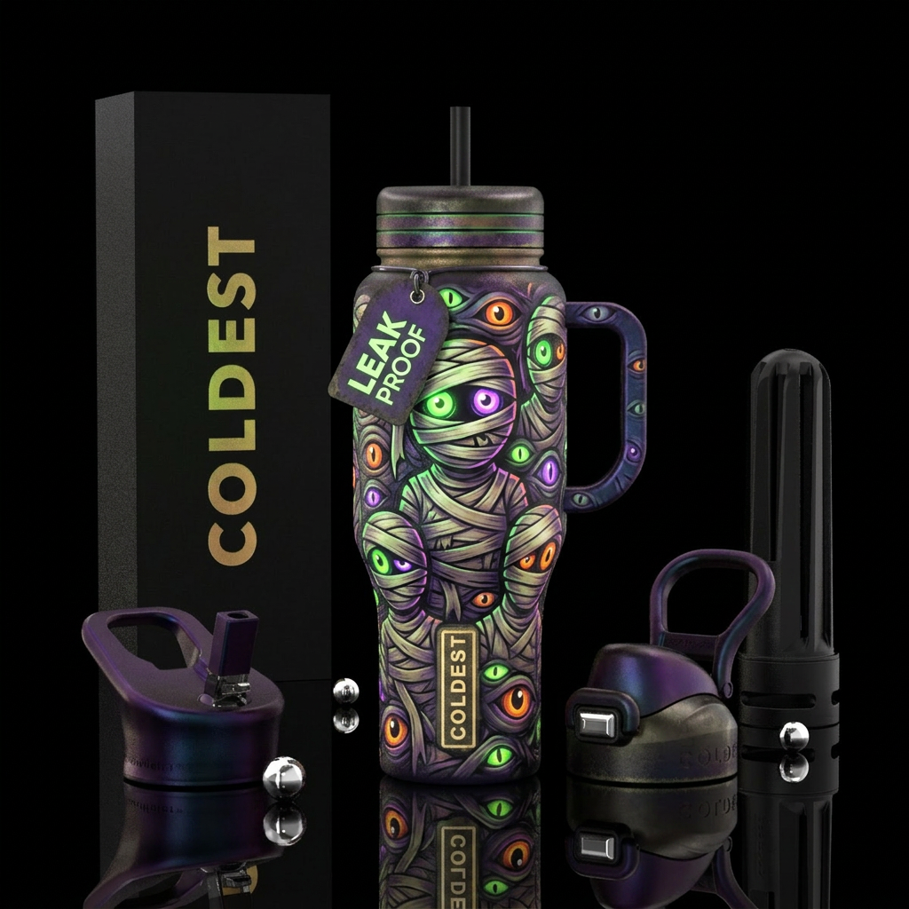 Halloween glow in the dark eyes and mummies, carto... water bottle design