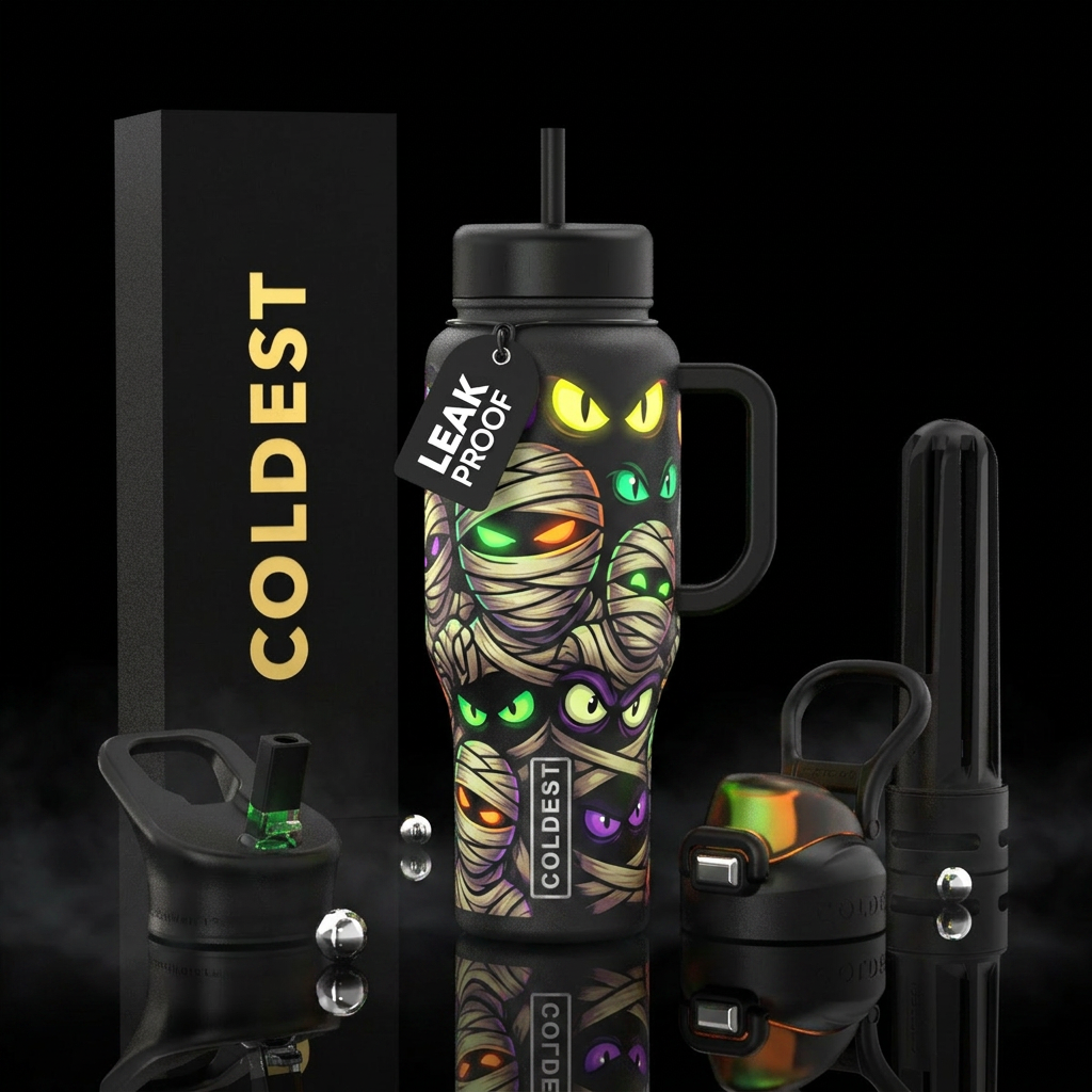 Halloween glow in the dark eyes and mummies, carto... water bottle design