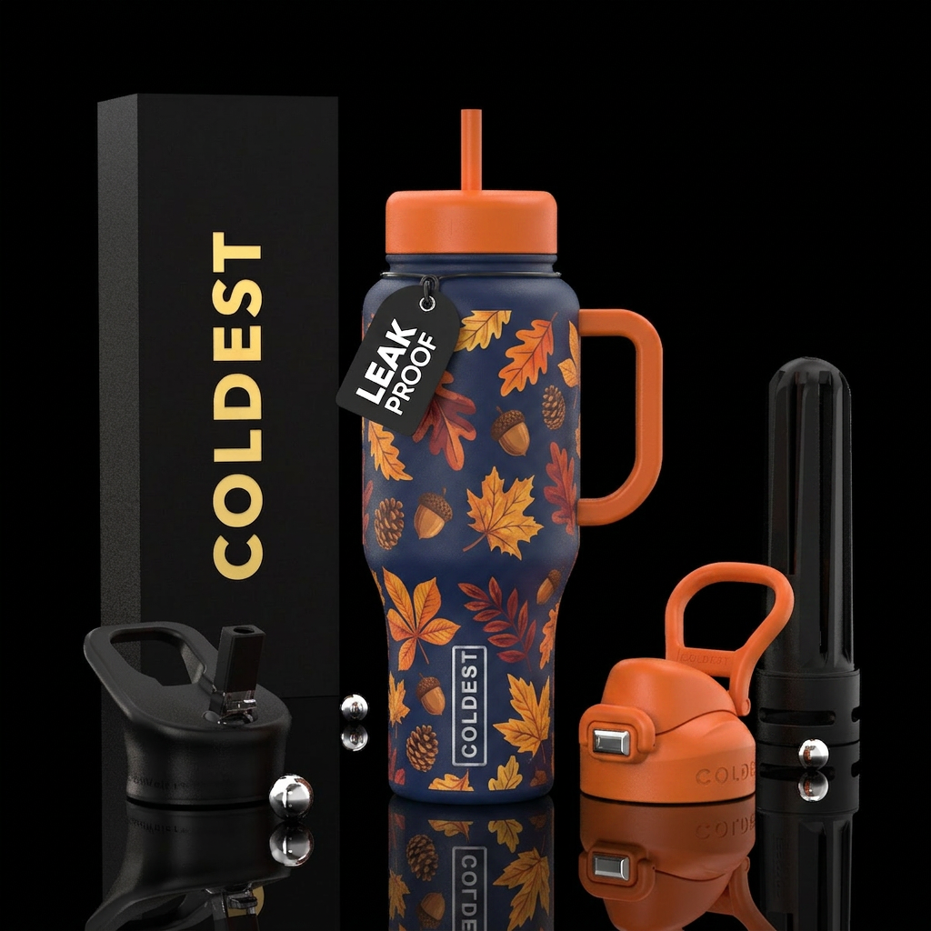 Fall colored leaves acorns and pine cones, vibrant... water bottle design