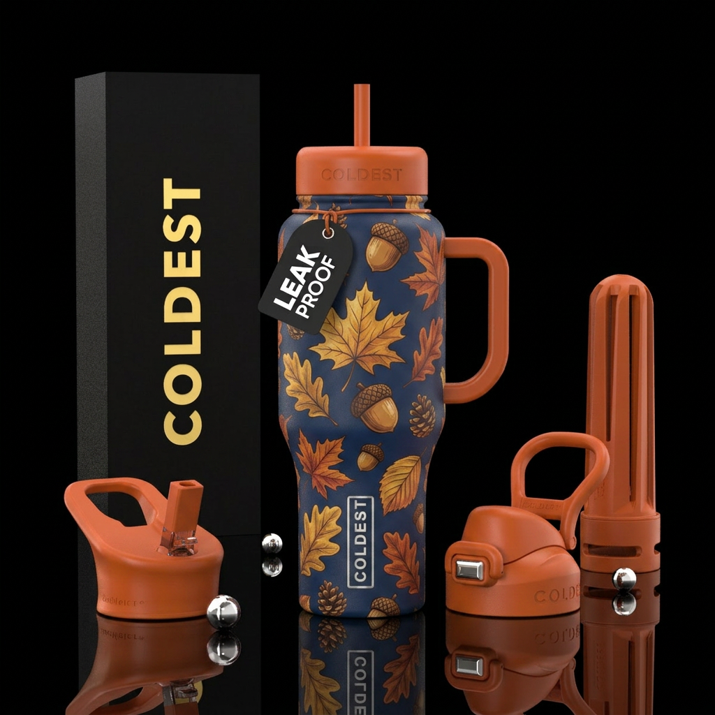 Fall colored leaves acorns and pine cones, vibrant... water bottle design