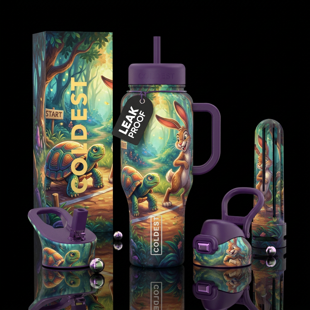The Tortise and the Hare inspired, vibrant, beauti... water bottle design