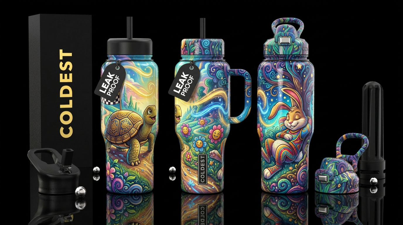 The Tortise and the Hare inspired, vibrant, beauti... water bottle design