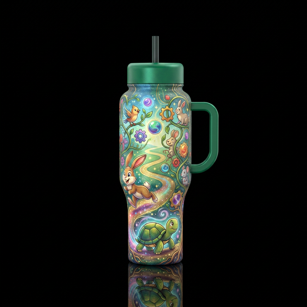 The Tortise and the Hare inspired, vibrant, beauti... water bottle design